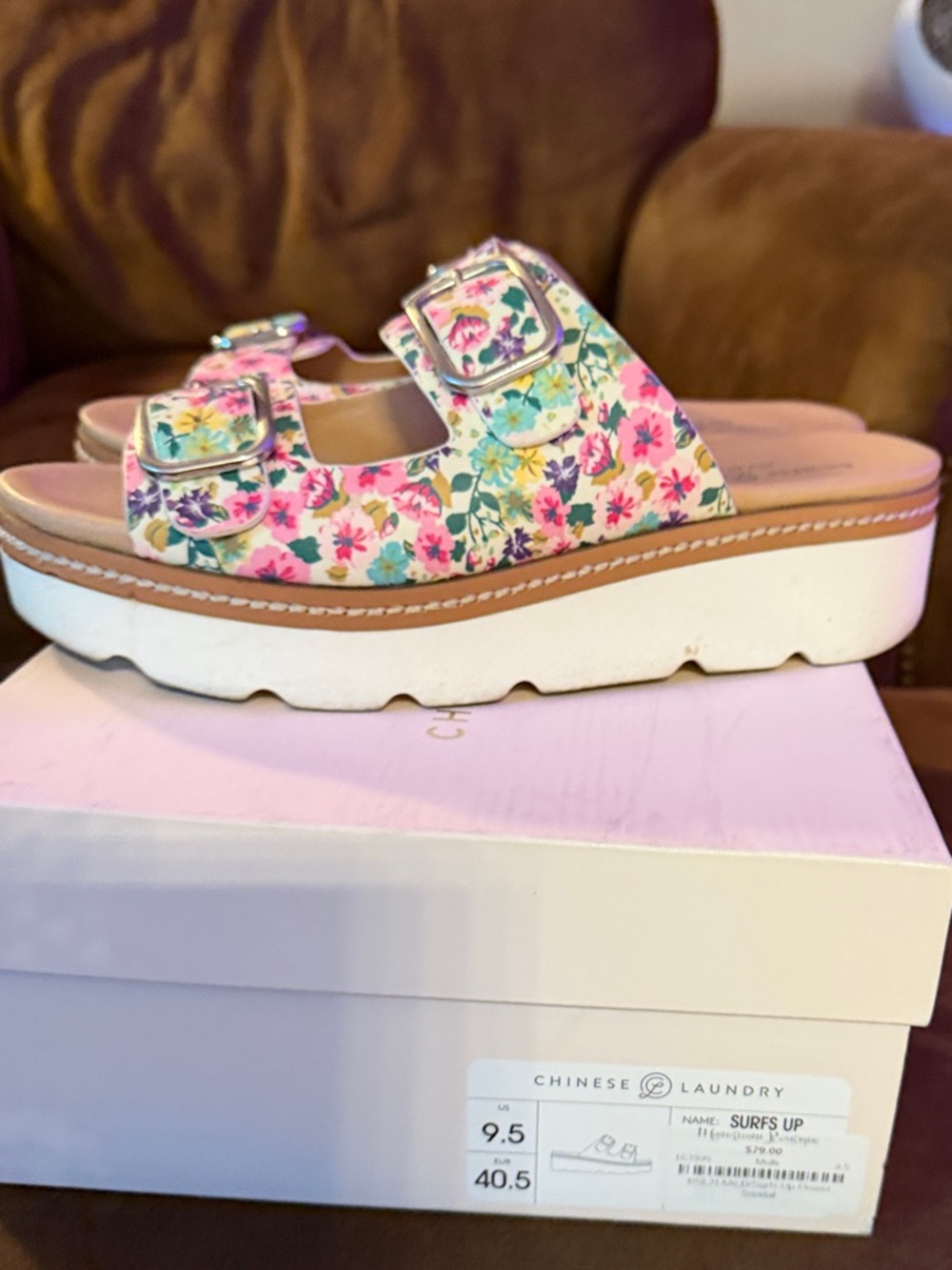 Chinese Laundry Floral Double-Buckle Platform Mules in Pink